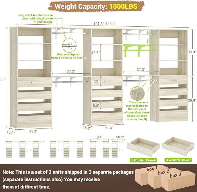 Aheaplus Closet System Set of 3, 138.5" Wood Closet Organizer System Tower with 12 Drawers & 4 Hanging Rods, 6.7+4.85Ft L Shaped Walk-in Closets Wardrobe Organizer Garment Rack with Shelves, White Oak