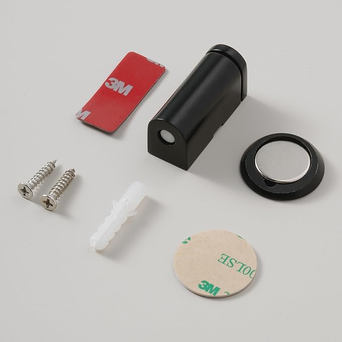 Windproof Magnetic Door Stoppers, 0-0.78" Stroke Mechanical Doorstop, No-Hole Flooring Door Suction with 3M Strong Adhesive and Screws, Black, 1 Pack