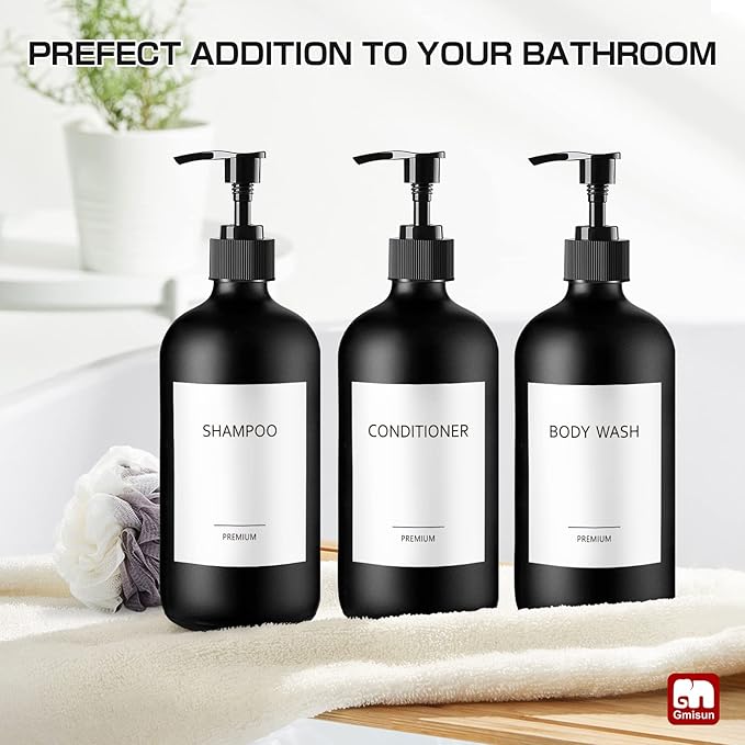 GMISUN Black Shampoo and Conditioner Dispenser, Shower Soap Dispenser Bottles with Labels, Refillable Shampoo Conditioner Body Wash Dispensers, Glass Soap Pump Dispenser Set for Bathroom Shower