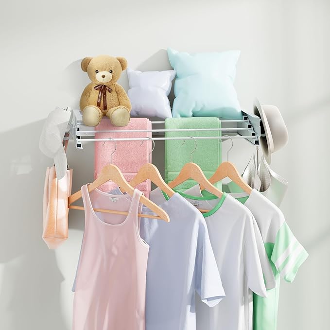 Wall Mounted Clothes Drying Rack for Laundry 23.6", Folding Clothes Drying Rack with 4 Towel Hooks and 4 Rods for Hanging Coat Dedicates, Space Saving for Bedroom Bathroom Balcony Living Room (23.6'')