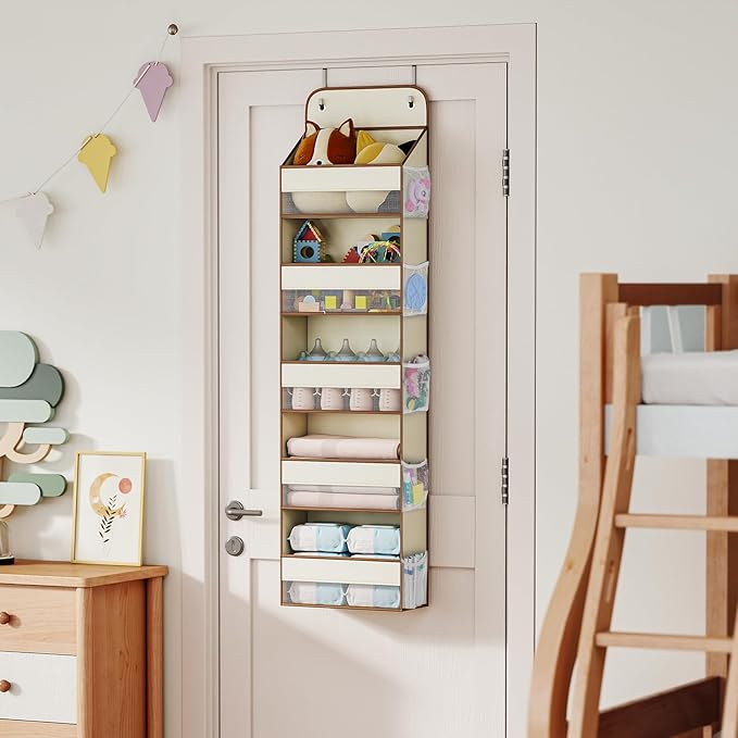 LAMU 5 Tier Over the Door Organizer Hanging, 5 Large Pockets and 10 Side Pockets Behind Door Storage for Baby Toys, 44lbs Back of Door Organizers Shelf for Closet, Nursery and Bathroom, 1 Pack (Beige)