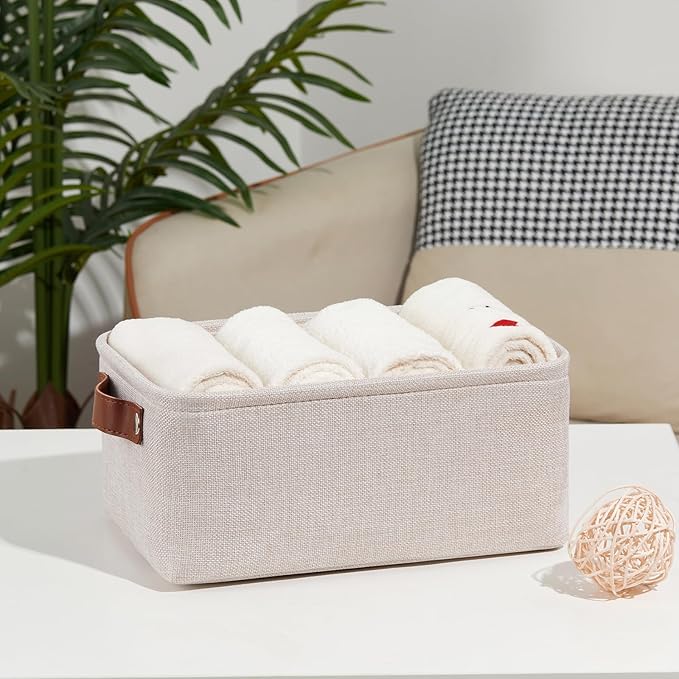 DULLEMELO Small Storage Basket for Shelves, Small Fabric Collapsible Rectangular Storage Bin for Shelves, Closets, Nursery, Home, Office, Empty Gift Basket (Beige)