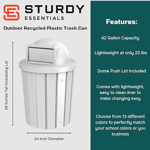 42 Gallon Slated Circle 100% Recycled Plastic Heavy Duty Outdoor Trash Can with Push Open Dome Lid and Internal Liner - Great for Schools and Businesses - White