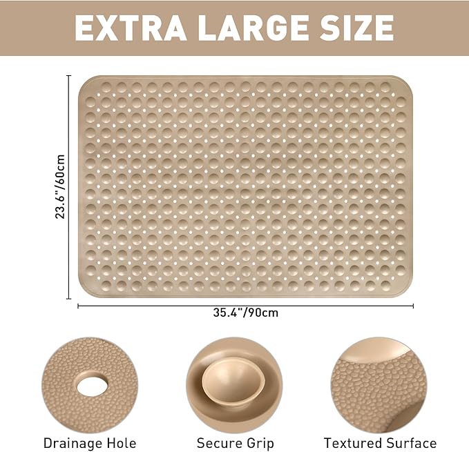 Shower Mat Non Slip: 47.2 x 31.5 Inch Extra Large TPE Shower Mats for Inside Shower - Anti Slip Shower Stall Matt with Drain Hole and Suction Cups for Elderly