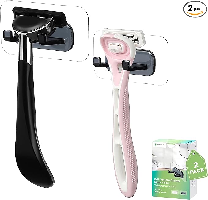 Hook LAB Self-Adhesive Shower Razor Holder, 2-Pack, Removable & Reusable Waterproof Hooks, for Towels, Bath Accessories, Kitchen & Bathroom Use - Black
