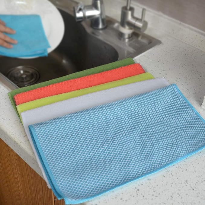SINLAND 5 Color Assorted Microfiber Dish Cloth Best Kitchen Cloths Cleaning Cloths with Poly Scour Side 12Inchx12Inch 20 Pack (Pinkx4+bluex4+whitex4+yellowx4+greenx4)