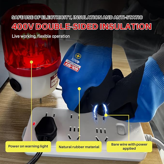 Double Insulated Electrical Gloves,400V Low Voltage Electrician Safety Gloves,Rubber Non Slip Work Gloves For Men (Blue,Large)