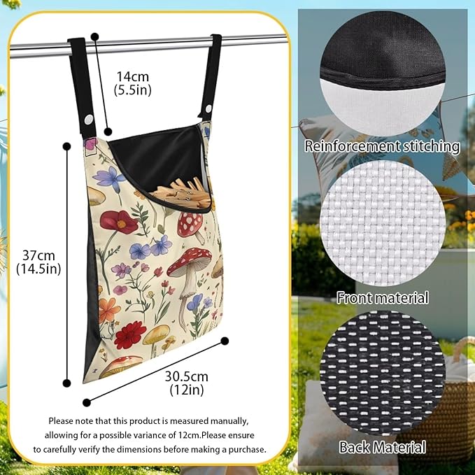 Mushroom Clothespin Bag with Hanging Hook - 12 x 14.6 Inch Waterproof Laundry Clothespin Holder