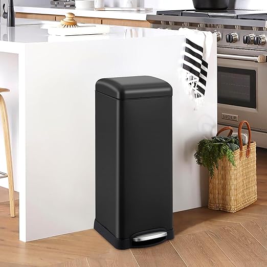 8 Gal/30L Slim Trash Can, Rectangular Step-On Stainless Steel Garbage Can, Soft-Close Lid, Anti-Fingerprint Surface, Recycling Bin with Removable Inner Basket, for Kitchen Dining Room, Black