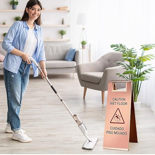 Kigley 2 Pcs Wet Floor Sign, 24 Inch Stainless Steel Caution Wet Floor Sign Double Sided Portable Foldable Bilingual Safety Warning for Hotel Market Restroom Restaurant Office (Rose Gold)