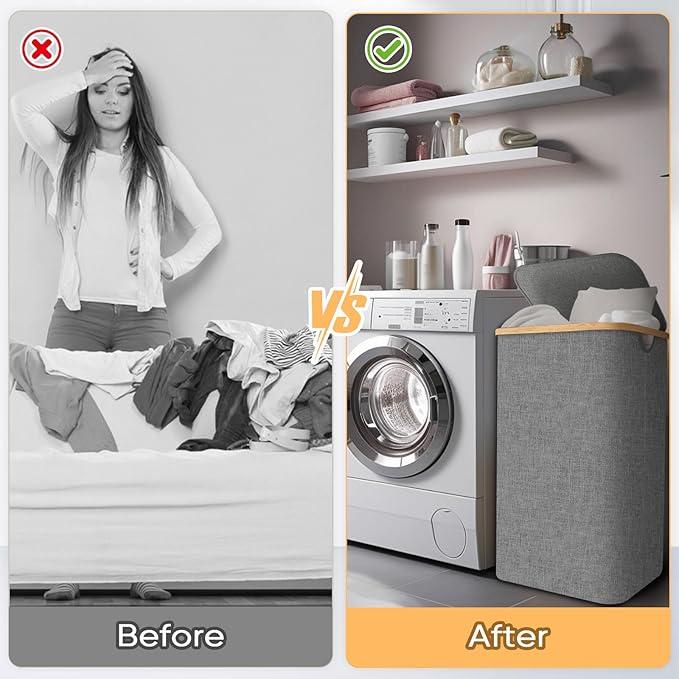 BALEINE Laundry Hamper with Lid, Tall Laundry Baskets with Bamboo Pull Handles, Large Laundry Bin with Internal Support (18 Gal/70L, Grey)