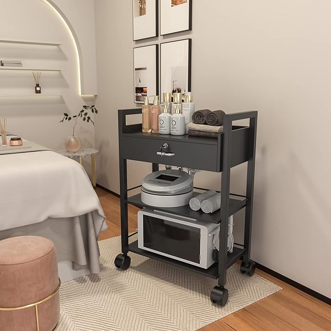 Paddie Salon Trolley Cart, Salon Tray Wooden Mobile Utility Cabinet with 1 Drawer 2 Trays, Rolling Storage Station Medical Esthetic Supply Holder for Beauty Spa (1 Drawer, Black)