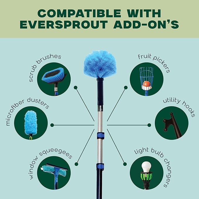 EVERSPROUT 5-to-12 Foot Cobweb Duster and Extension-Pole Combo (20 Foot Reach, Soft Bristles) | Hand Packaged | Lightweight, 3-Stage Aluminum Pole | Indoor & Outdoor Use Brush Attachment