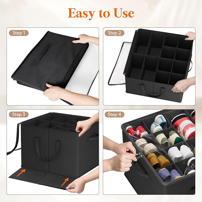 Lifewit Shoe Storage Organizer for Closet Fits 12-16 Pairs, Fabric Large Shoe Box Storage Container with Clear Cover, Foldable Bins Fit for Boots Heels Sneakers 17"(L) x 17"(W) x 12.5"(H) 1 Pack Black