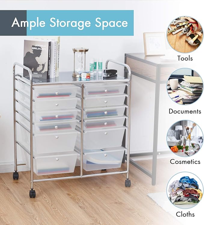 GOFLAME 12-Drawer Rolling Storage Cart, Multipurpose Organizer Cart with 2 Sizes Plastic Drawers, Mobile Utility Cart with Lockable Casters for School, Home Office, Beauty Salon, Clear