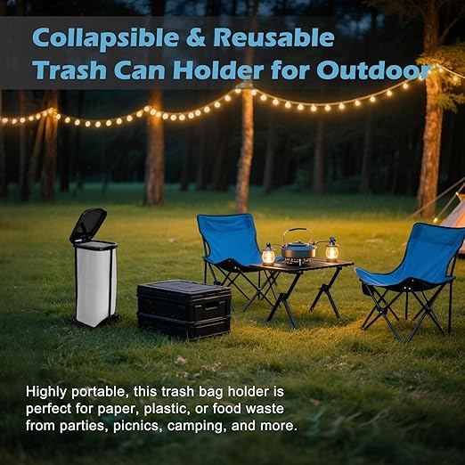 Collapsible Trash Bag Holder Portable Garbage Bin Holder Stand for Kitchen Outside 13 Gallon Plastic Outdoor Trash Can with Lid for Parties and Camping, Black