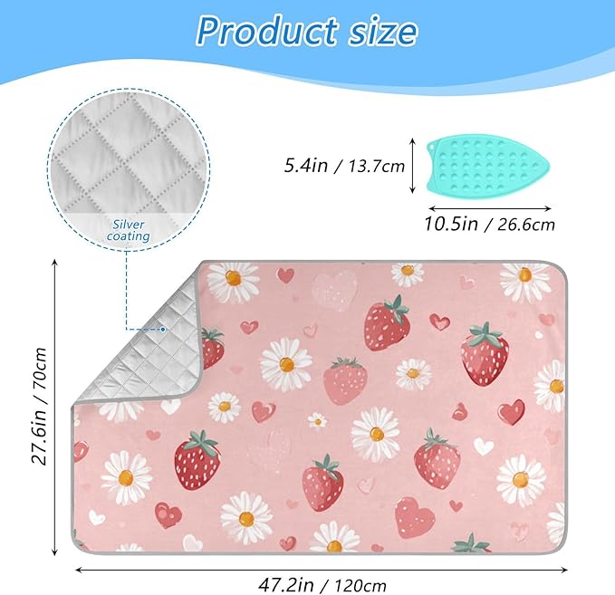 Pink Floral Strawberry Hearts Ironing Mat for Table top Portable Ironing Pad Blanket for Washer Dryer Countertop Travel