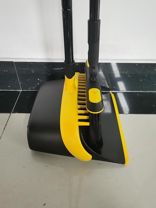 JEHONN Broom and Dust Pan, 54.3 inches Long Handle Swivel Brush, Upright Foldable Dustpan with Comb Teeth for Home Kitchen Lobby Indoor Floor Cleaning (Black & Yellow)