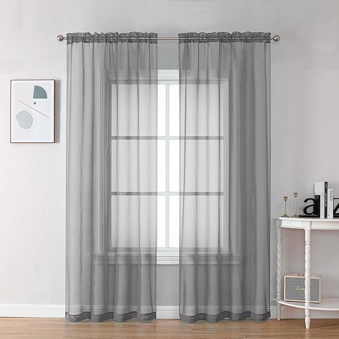 Chyhomenyc Sheer Charcoal Grey Curtains 90 inches Long 2 Panels, Light Filtering Soft Airy Solid Elegant Voile Window Treatment Drapes for Bedroom Living Room Wedding Party Decor, 42 Wx90 L Inches