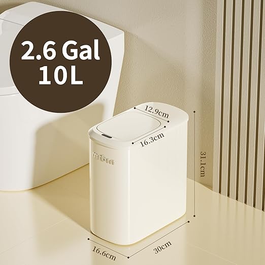MRBIN Motion Sensor Bathroom Metal Trash Can with Lid and Wheels, 10L/2.6gal Automatic Removable Slim Electric Narrow Waste Basket for Near Desk Office, Bedroom, Kitchen, Rv, White