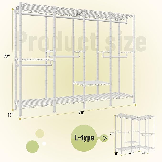 Raybee Heavy Duty Clothes Rack for Hanging Clothes,Clothing Rack with Shelves, Adjustable,76" W x 77" H x 18" D,Max Load 1150lbs,White
