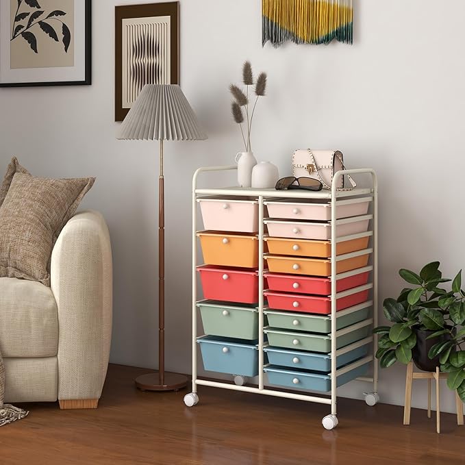 GOFLAME 15-Drawer Rolling Storage Cart, Multipurpose Movable Organizer, Utility Cart for Home, Office, School, Macaron Color