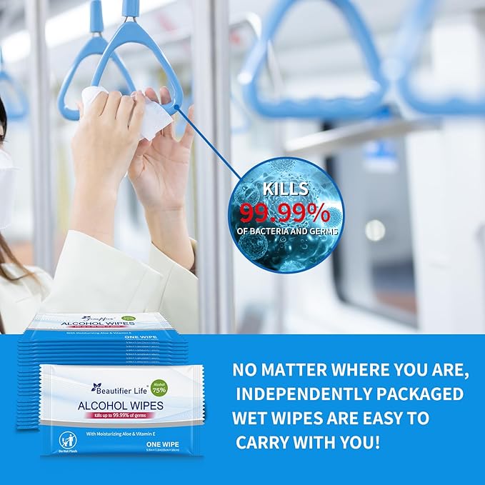All - Purpose Travel Wipes, 55 Individually Wrapped 75% Alcohol Antibacterial Hand Sanitizing Wipes with Aloe Moisturizer & Vitamin E for for On-the-Go Use, Restaurant, Home Office
