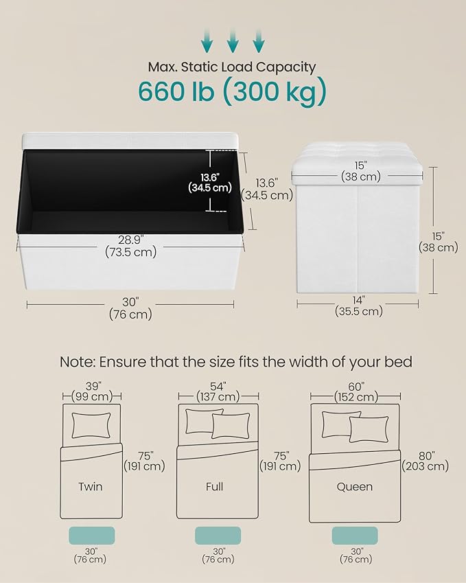 SONGMICS MAZIE Collection - 30 Inches Folding Storage Ottoman Bench, Ottoman with Storage, Foot Rest Stool, Load 660 lb, for Living Room, Synthetic Leather, White ULSF106