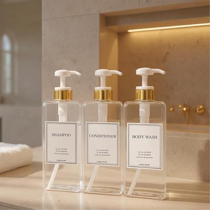 Modern Gold Design Large 27 oz Shampoo and Conditioner Dispensers - Empty Plastic Refillable Pump Bottle Set for Bathroom Shower Soap Dispenser, Set of 3 (Clear & White)