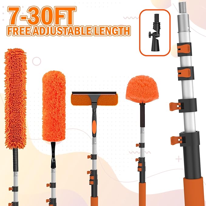 36FT High Reach Duster Cleaning Kit with Extension Pole, High Ceiling Fan Cleaner Duster Tool for Fan Blades, Window Washing Kit with Microfiber Feather Duster & Window Squeegee
