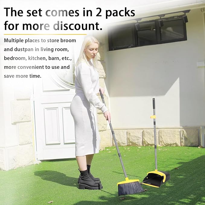 2-Pack is More economical，Upgraded Broom and Dustpan， with 52" Long Handle, Dustpan Teeth with self-Cleaning Function, Indoor and Outdoor Sweeping, Perfect for Home Office