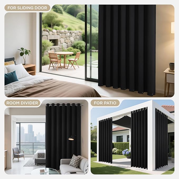 Joydeco Blackout Patio Sliding Door Curtains 108 Inches Long, Grommet Privacy Room Divider Curtains, Extra Wide Thermal Blackout Drapes for Bedroom Living Room (Black, 100Wx108L, 1 Panel)