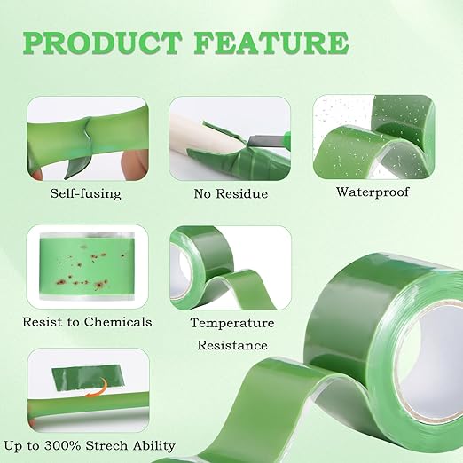 Self Fusing Silicone Tape 1 in x 5' Green Waterproof Rubber Leak Proof Sealing Rubber Self-amalgamating Tape for Emergency Hot and Cold Water Pipe Repairs and Tool Fixation