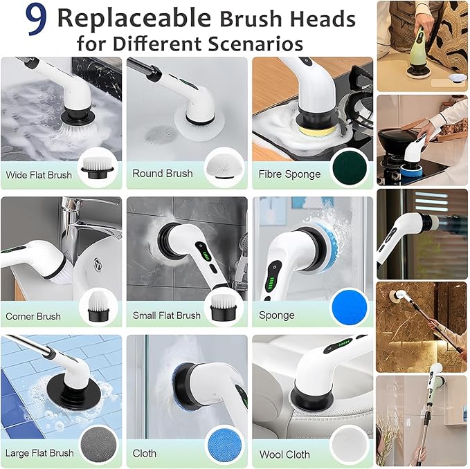 Cordless Electric Spin Scrubber, Hands-Free Shower Cleaning Tool with 9 Attachments & Extension Handle, IPX7 Waterproof for Tub, Tile Grout, Bathroom, Car, Floor - No More Back Pain (Green)