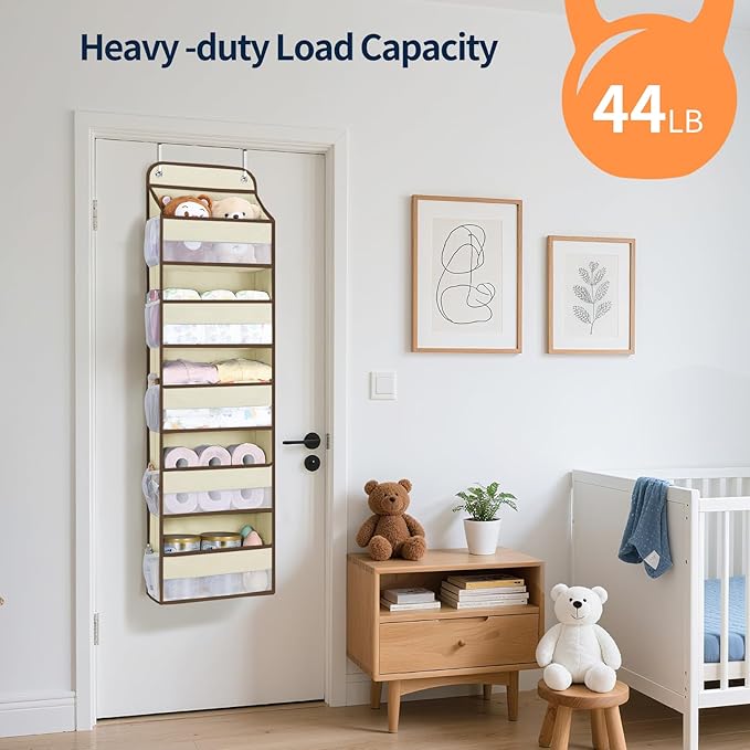 Yecaye Over The Door Organizer Storage, 5-Tier Heavy Duty Door Organizers Hanging with 10 Side Mesh Pockets, 44 lbs Load Capacity Behind Door Storage for Bathroom Nursery Bedroom Dorm Closet, Beige
