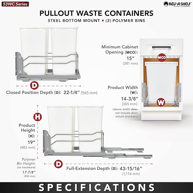 Rev-A-Shelf Double Pullout Trash Cans for Under Kitchen Cabinets 35 Quart 8.75 Gallon with Soft-Close Slides, Metallic Silver, 53WC-1835SCDM-217