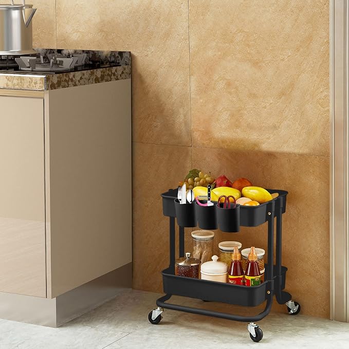 Melody House 2-Tier Utility Rolling Cart Storage Sofa Side Table with Wheels, Mobile Trolley Organizer with for Office Home Kitchen Organization, Black