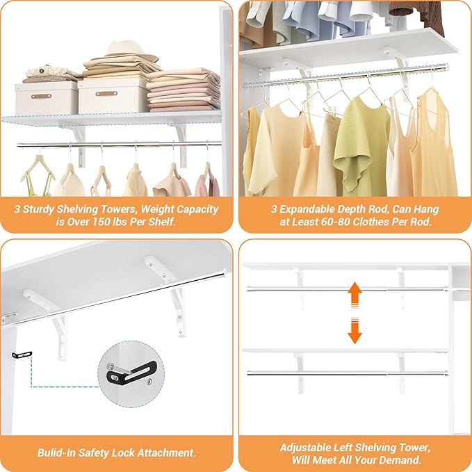 8FT Closet System with Shelves, 96'' Closet Organizer System with 3 Hanging Rods, Wall Mount Bedroom Wardrobe Walk-in Closet, Adjustable Cloth Garment Rack from 5 to 8FT (Cut to Fit), White