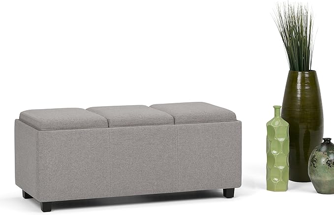 SIMPLIHOME Avalon 42 inch Wide Contemporary Rectangle Storage Ottoman in Cloud Grey Linen Look Fabric, Assembled, for the Living Room, Entryway and Family Room