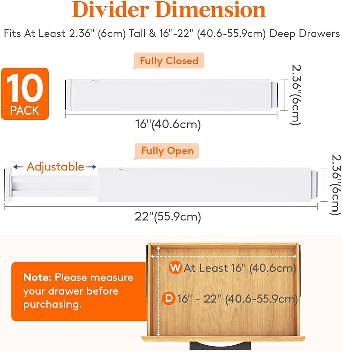 Lifewit 10 Pack Kitchen Drawer Dividers 2.36" High, 16"-22" Adjustable Drawer Organizer for Utensils/Clothes/Makeup, Plastic Expandable Separators in Dresser/Bedroom/Bathroom/Office Storage