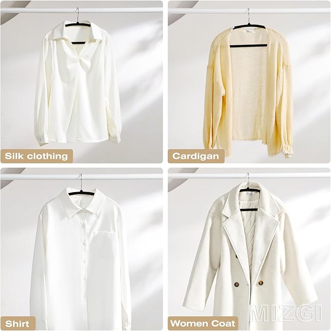 MIZGI 50 Pack Black Velvet Hangers - No Shoulder Bumps, Heavy Duty Non-Slip Chrome Hooks for Jackets, Coats, Pants