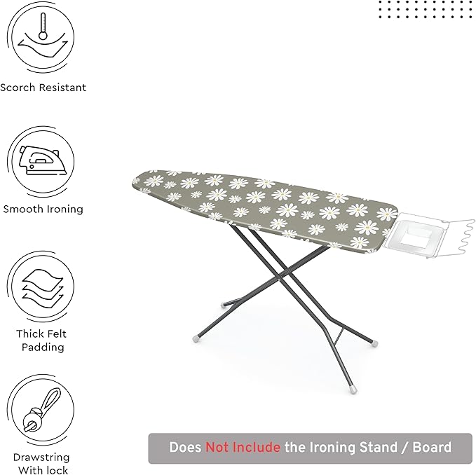 Encasa XO Ironing Board Cover and Pad 57"x22" - Thick 3mm Felt Padding, Drawstring Tightening & Lock, Easy Fit, Scorch & Stain Resistant, Fits X-Large Ironing Board - Daisy Grey