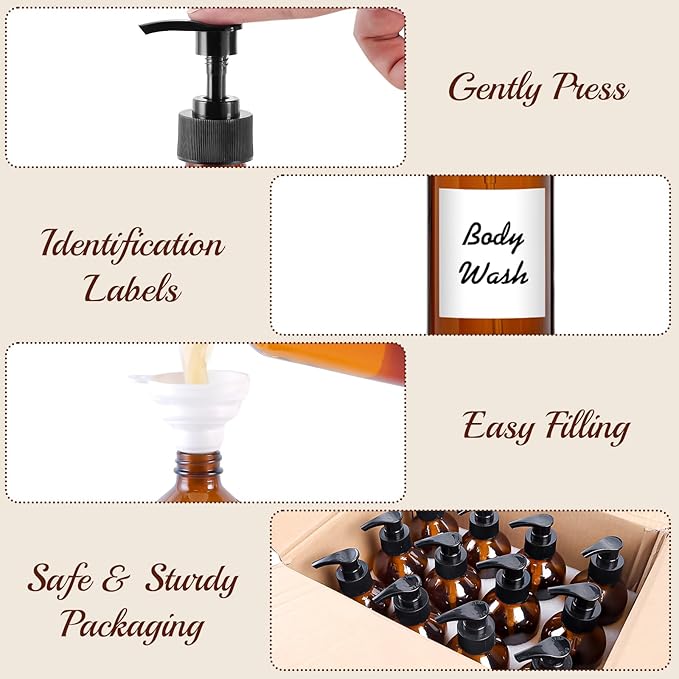 12 Pack Amber Glass Bottles 8oz with Pump Dispensers, Refillable Empty Pump Bottles for Bathroom, Kitchen, Shampoo, Soap, Lotion – Includes 2 Funnels & 12 Labels