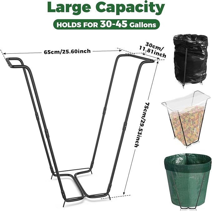 Outdoor Trash Bag Holder Metal Garden Trash Bag Holder for Yard Waste Stand Holds 30-45 Gallons Leaf Bag Holder with 4 Clips for Leaves Camping Lawn Party Weeding Yard Gardening（1pcs+4clips）