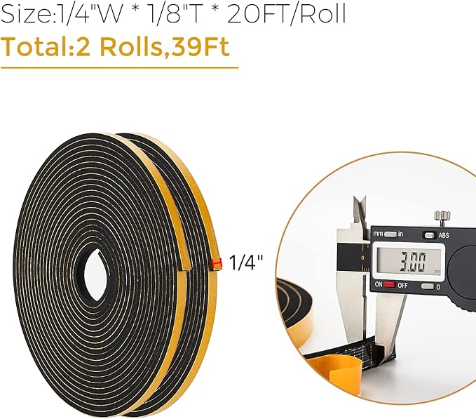 39 Feet Weather Stripping Door Seal, 1/4" Wide X 1/8" Thick Door Seal Strip High Density Foam Tape Adhesive Strip for Door Soundproofing,Window Insulation (1/4" x 1/8" x 39FT,Black)