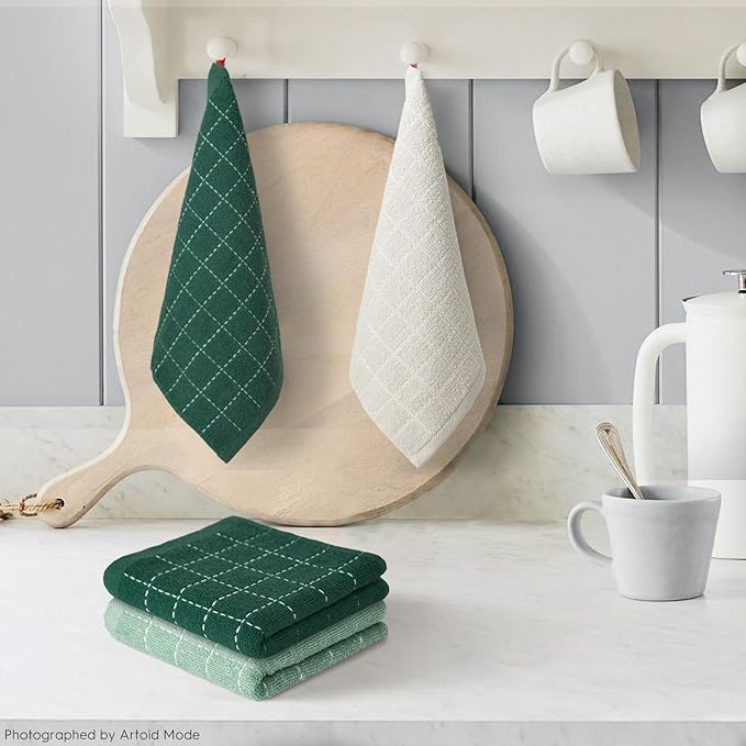 Artoid Mode Checkered Designed Cotton Beige Dark Green Terry Kitchen Dish Cloths, 12x12 Inch Soft Absorbent Quick Drying Kitchen Rags Set of 6