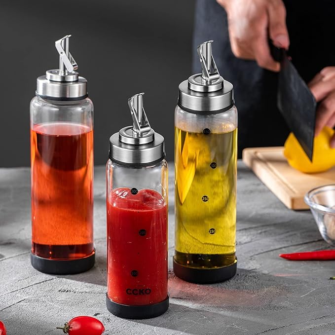 Glass Olive Oil Dispenser Bottle with Stainless Steel Spouts - Shatterproof 350ml Cooking Oil & Vinegar Cruet Bottle - Carafe for Kitchen