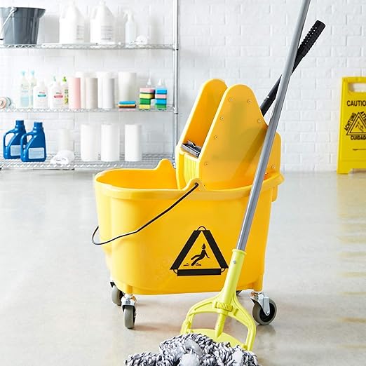 Amazon Basics Rectangular Floor Cleaning Mop Bucket with Sturdy Down Press Wringer Combo, 35-Quart, Yellow (Previously AmazonCommercial brand)