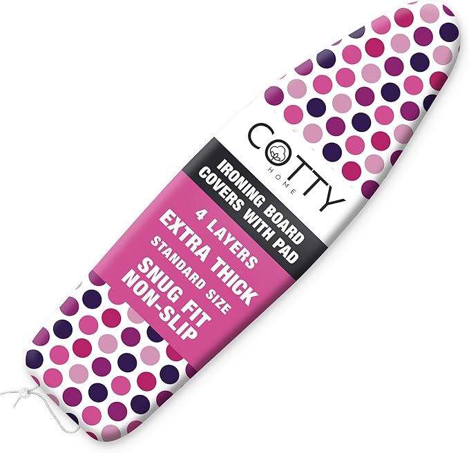 Extra Thick Ironing Board Covers with Pad Standard Size 15x54, Snug Fit Adjustable Drawstring Tightening with Stopper, Heat Reflective Coating, Nose Pocket and Fastener Straps, Polka Dots
