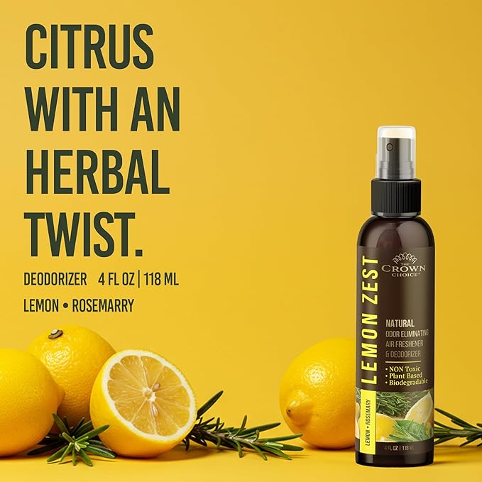 Non-Toxic Odor Eliminator, Natural Citrus Lemon Zest Air Freshener Spray for Home, Room, Closet & Couch Deodorizer, Long Lasting Bathroom & Toilet Freshener, Safe for Kids & Pets - 2 PK - 4 Oz each